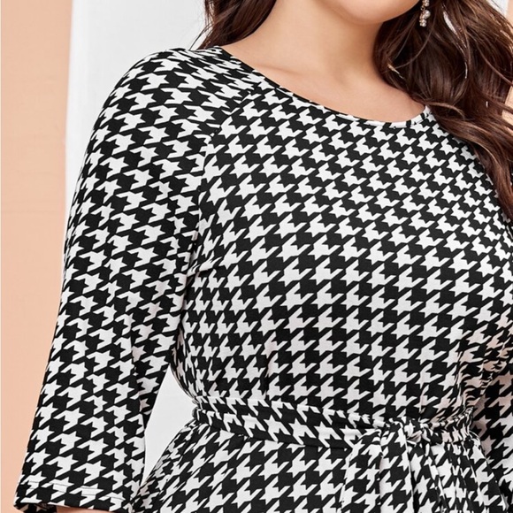 Classic Elegant Houndstooth Belted Long Sleeve Dress Black White - Picture 4 of 5